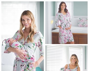 Mommy and Me Olivia Maternity Delivery Labor Nursing ROBE & Matching Maternity Nursing NIGHTGOWN + Baby Swaddle Blanket Set Baby Be Mine