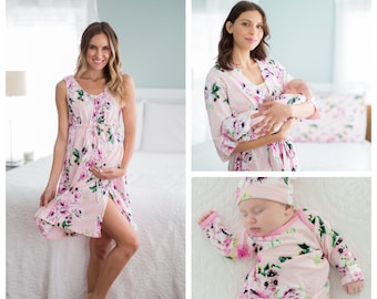 Maternity Delivery Labor Nursing Robe & Matching Labor and Delivery Gown + Baby Girl Coming Home Set / By Baby Be Mine Maternity/ Amelia