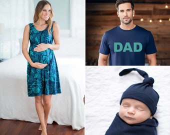3 in 1 Maternity Labor Delivery Hospital Nursing Gown & Baby Boy Navy Swaddle Blanket Set And Dad T-Shirt / Baby Be Mine / Sloane