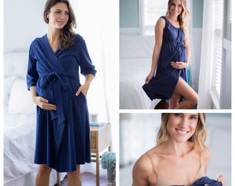 Maternity Labor Delivery Hospital ROBE &  Maternity Labor Delivery Nursing Hospital  GOWN / Baby Be Mine Maternity / Baby Shower Gift / Navy