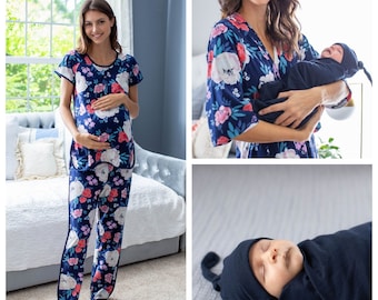 Maternity Nursing Pajamas and Navy Blue Baby Boy Swaddle Blanket Set / By Baby Be Mine Maternity / Baby Shower Gift / Hospital Bag-Annabelle