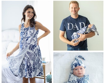 Family Matching Maternity Labor Delivery Hospital Gown & Matching Baby Swaddle Blanket Set And Dad Daddy T-Shirt Gift/ Baby Be Mine / Serra