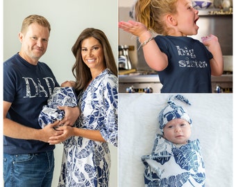 Family Matching Mom Maternity Labor Delivery Robe & Matching Swaddle Blanket Set + BIG SISTER T-Shirt And DAD T-Shirt / Baby Be Mine /Serra