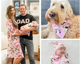 Family Matching Maternity Labor Delivery Hospital Robe & Baby Girl Swaddle Blanket Set , Dad T-Shirt and Pet Bandana  / Baby Be Mine Amelia