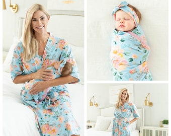 Baby Be Mine Mommy /& Me Delivery Robe with Matching Baby Receiving Gown /& Hat Set