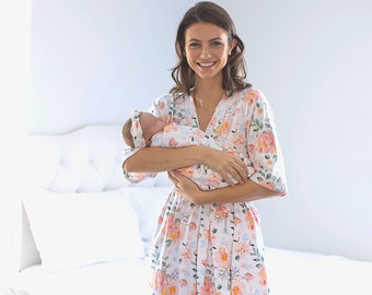 Maternity Labor Delivery Nursing Hospital Robe & Matching Baby Girl Swaddle Blanket and Headband Set / Baby Shower / Baby Be Mine / Mila