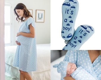 Maternity Labor Delivery Hospital Gown Gownie & Baby Boy Swaddle Blanket Set and It's a boy Labor Socks /  Baby Be Mine Maternity /Nicole
