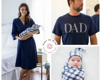 Navy Maternity Nursing Delivery ROBE & Baby Boy SWADDLE Blanket Set + Daddy T-shirt /Baby Shower Gift/Baby Be Mine/ Blue Gingham