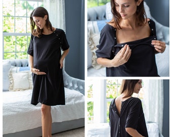 Labor Delivery Maternity Hospital Gown GOWNIE / Nightgown/by Baby Be Mine /Baby Shower Gift / Hospital Bag /black