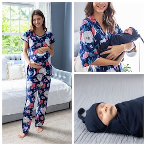 Maternity Nursing Pajamas and Navy Blue Baby Boy Swaddle Blanket Set / By Baby Be Mine Maternity / Baby Shower Gift / Hospital Bag-Annabelle