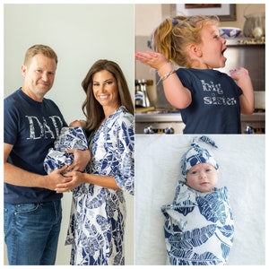 Family Matching Mom Maternity Labor Delivery Robe & Matching Swaddle Blanket Set + BIG SISTER T-Shirt And DAD T-Shirt / Baby Be Mine /Serra