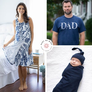 Maternity Labor Delivery Hospital Nursing Gown & Navy Baby Boy SWADDLE Blanket Set + Daddy Dad T-shirt /Baby Shower Gift/Baby Be Mine/ Serra