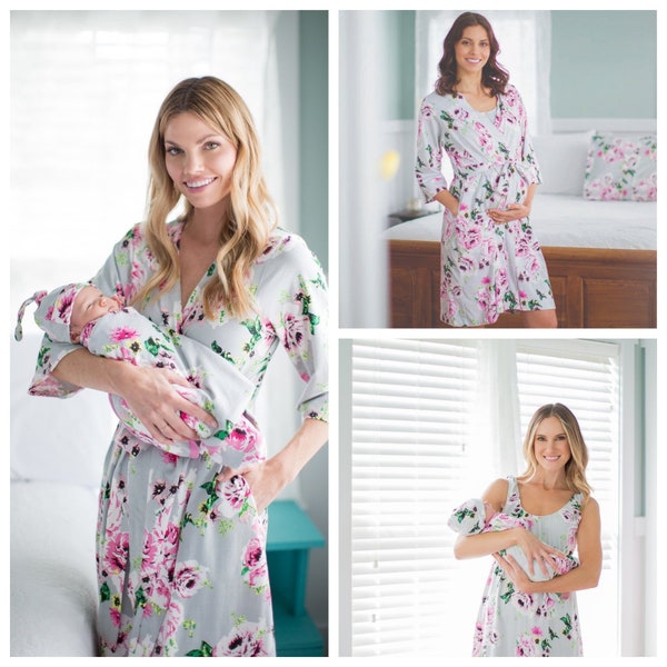 Mommy and Me Olivia Maternity Delivery Labor Nursing ROBE & Matching Maternity Nursing NIGHTGOWN + Baby Swaddle Blanket Set Baby Be Mine