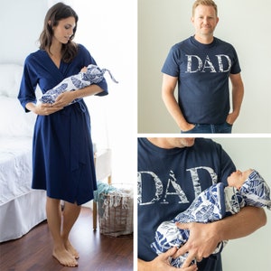 Family Matching Maternity Labor Delivery ROBE & Baby SWADDLE Blanket Set + Dad Daddy T-shirt /Baby Shower Gift /  Baby Be Mine / Serra Navy