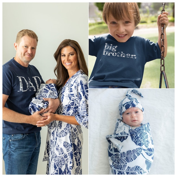 Family Matching Mom Maternity Labor Delivery Robe & Matching Swaddle Blanket Set + BIG BROTHER T-Shirt And DAD T-Shirt /Baby Be Mine /Serra