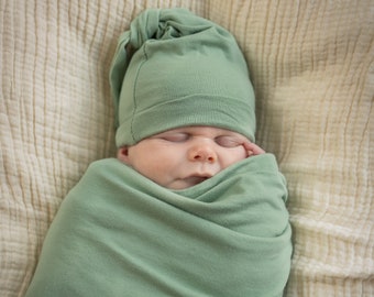 Baby Swaddle Blanket & Newborn Hat Set /By Baby Be Mine Maternity/Baby Shower Gift/Baby Boy / Baby Girl/ Gender Neutral / Sage Green