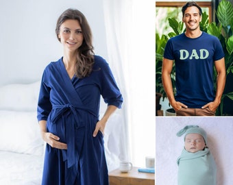 Family Matching Maternity NAVY Labor Delivery Robe, Sage Baby SWADDLE Set & Dad T-shirt SAGE on Navy Shirt/Baby Shower Gift/Baby Be Mine