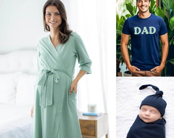 Family Matching Maternity Sage Labor Delivery ROBE, Navy Baby SWADDLE Set & Dad T-shirt SAGE on Navy Shirt/Baby Shower Gift/Baby Be Mine