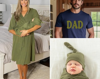 Family Matching Maternity Olive Labor Delivery Hospital ROBE, Baby SWADDLE Set & Dad T-shirt /Baby Shower Gift/Baby Be Mine / Olive Green