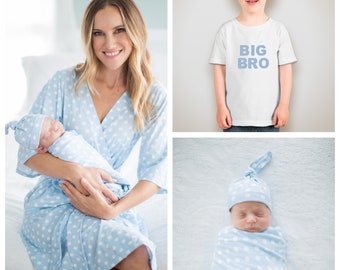 Maternity Delivery Robe & Matching Baby Boy Swaddle Blanket Set and Big Brother T-shirt Set / By Baby Be Mine Maternity / Gift / Nicole