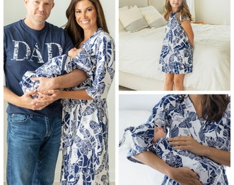 Family Matching Mom Maternity Labor Delivery Robe & Matching Baby Swaddle Blanket Set + BIG SISTER Dress And DAD T-Shirt /Baby Be Mine/Serra