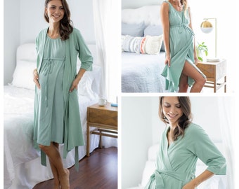 Maternity Delivery Hospital  Robe & 3 in 1 Labor Delivery Nursing Hospital Gown/ Baby Be Mine / Hospital Bag / Baby Shower Gift/ Sage Green