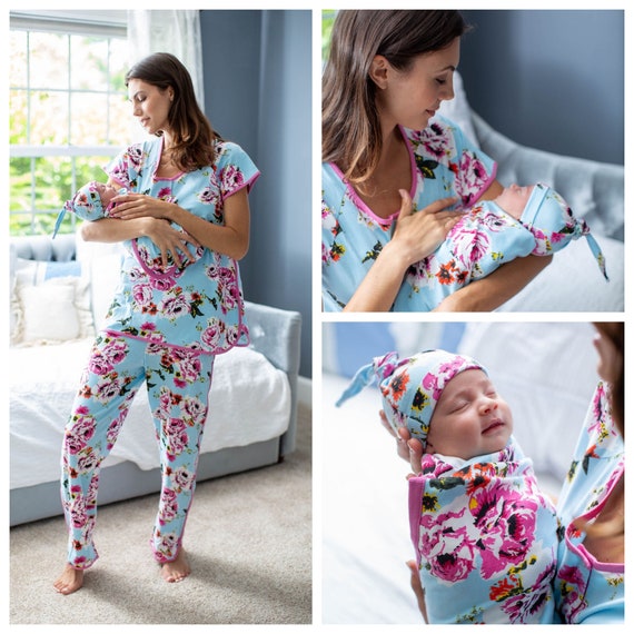 Isla Floral Maternity Nursing Pajama Set & Matching Baby Swaddle Blanket  Set / by Baby Be Mine Maternity / Baby Shower Gift / Hospital Bag 