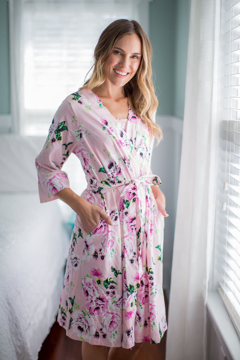 Amelia Floral 3 in 1 LABOR Delivery Gown+Matching Delivery ROBE and Matching Swaddle Blanket and Newborn Hat Set By Baby Be Mine 4 PC Set