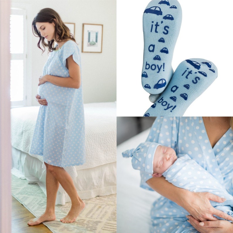 Maternity Labor Delivery Hospital Gown Gownie & Baby Boy Swaddle Blanket Set and It's a boy Labor Socks /  Baby Be Mine Maternity /Nicole 