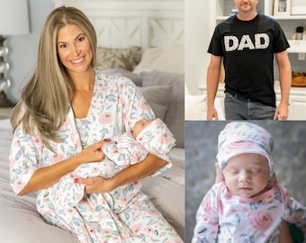 Maternity Nursing Delivery ROBE & Matching Baby Girl Receiving Gown Set + Daddy T-shirt /Baby Shower Gift / By Baby Be Mine Maternity/ Ivy