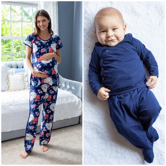 Mommy and Me Maternity Nursing Pajama Set & Navy Baby Boy Kimono Set / Baby  Be Mine/baby Coming Home /hospital Bag Must Have / Annabelle 