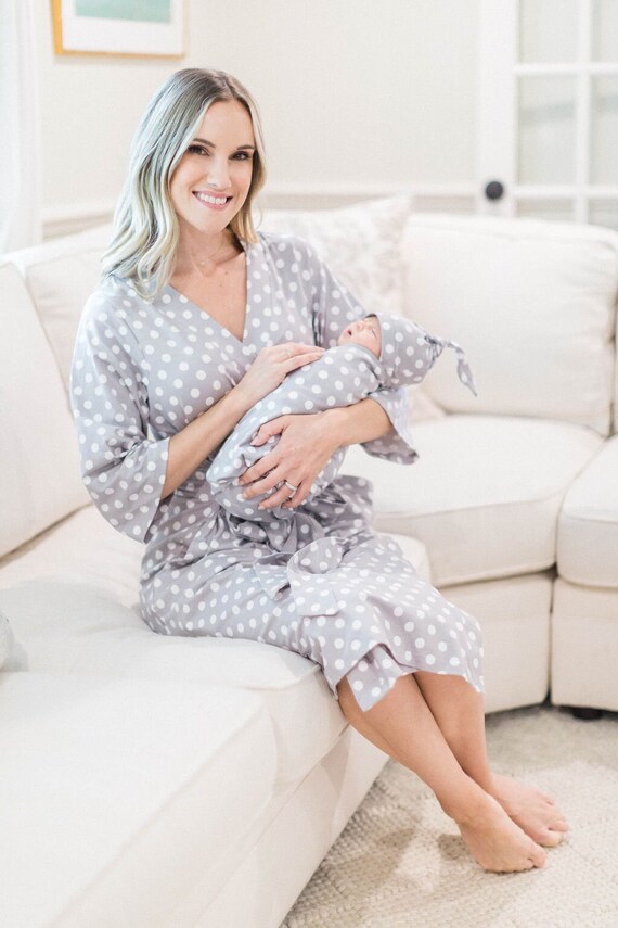 Maternity Labor Delivery Nursing Hospital Robe and Matching Baby Swaddle Blanket Hat Set by Baby Be Mine gender Neutral Lisa Gray Dotted Etsy Canada