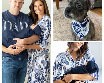 Family Matching Maternity Labor Delivery Hospital Robe & Baby Boy Swaddle Blanket Set , Dad T-Shirt and Dog Bandana /Baby Be Mine Serra Navy