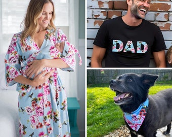 Family Matching Maternity Labor Delivery Hospital Robe & Baby Girl Swaddle Blanket Set, Dad Black T-Shirt and Dog Bandana /Baby Be Mine Isla