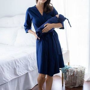 Mommy and Me Maternity Nursing Delivery ROBE and Navy Blue Baby Boy SWADDLE Blanket Set/ Baby Baby Be Mine/ Baby Shower Gift image 5