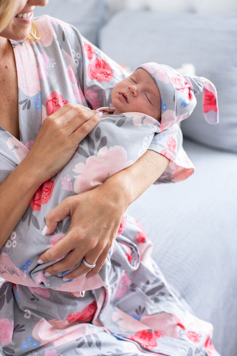 Baby Girl Swaddle Blanket and Newborn Hat Set By Baby Be Mine Mommy and Me Sophie Floral 3 in 1 LABOR Delivery Gown+Matching Delivery ROBE