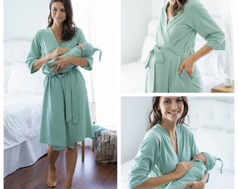 Mommy & Me Maternity Nursing Delivery ROBE and Sage Green Baby Boy or Girl SWADDLE Blanket + Newborn Hat Set - Baby Be Mine Maternity /Sage