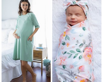 Maternity Labor Delivery Nursing Hospital Gown Gownie Sage Green & Mila Baby Girl Swaddle Blanket and Headband Set/ Baby Be Mine / Mila