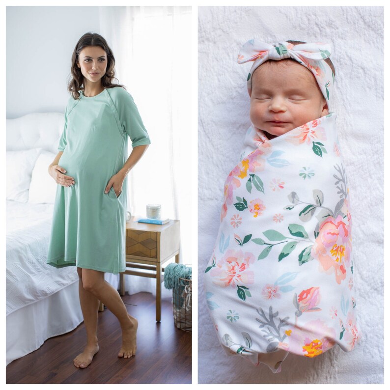 Maternity Labor Delivery Nursing Hospital Gown Gownie Sage Green & Mila Baby Girl Swaddle Blanket and Headband Set/ Baby Be Mine / Mila 