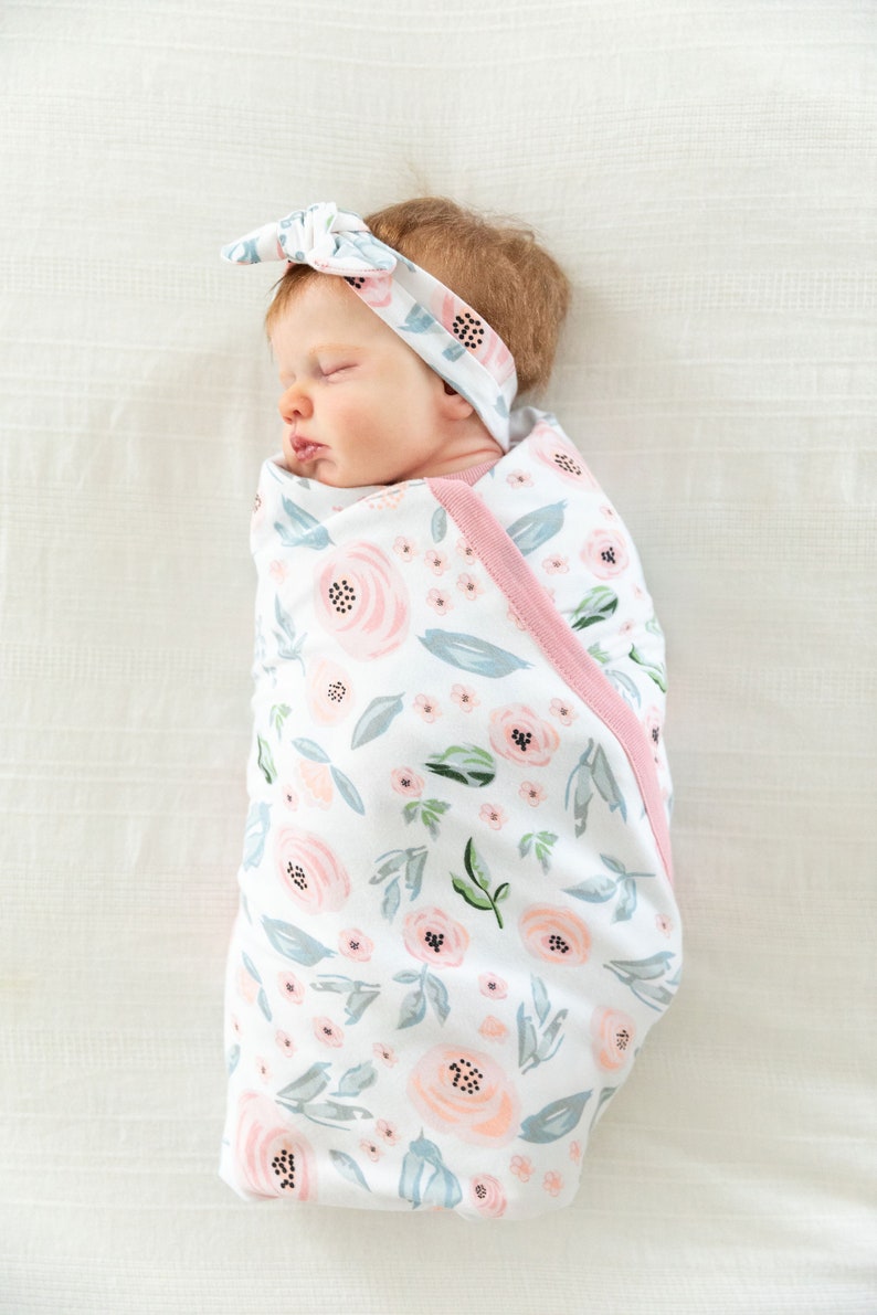 Baby Girl Swaddle Blanket and Newborn Bow Headband Set /by Etsy