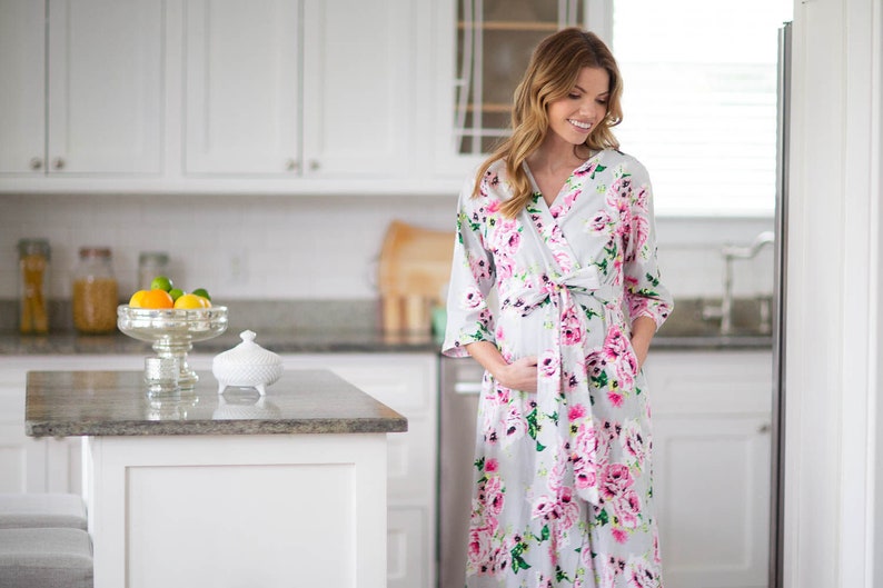 Maternity Delivery Labor Nursing Robe & Matching Baby Girl Coming Home Set / By Baby be Mine Maternity /3 PC Set Olivia Floral image 10