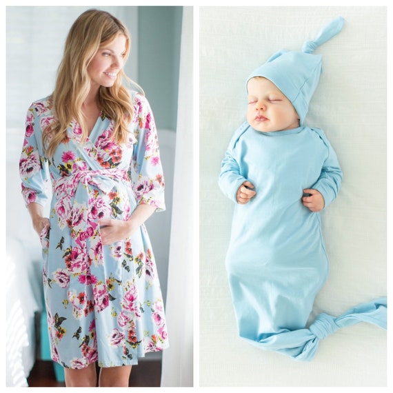 Maternity Delivery Labor Postpartum Nursing ROBE & Light Blue BABY Boy  Knotted Newborn Gown Set / Baby Shower Gift / Hospital Bag / Sla 