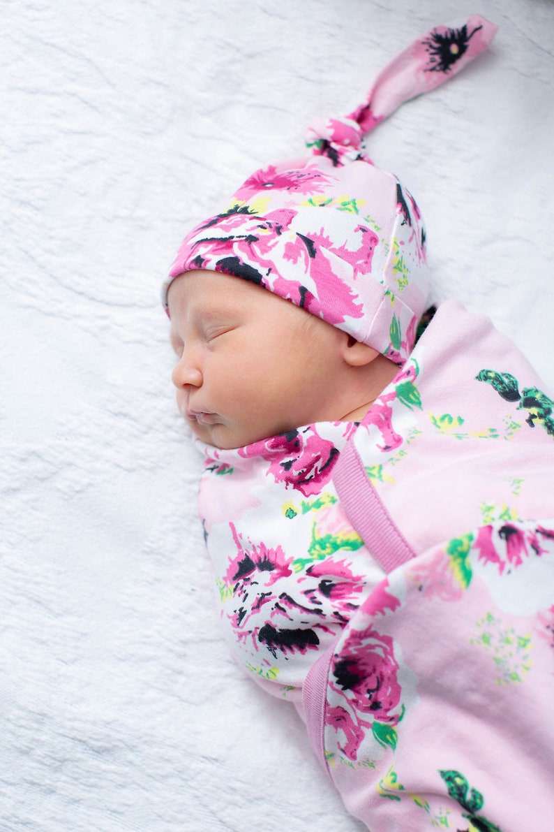 3 Piece Set Amelia Floral Swaddle Blanket and Newborn Hat Etsy