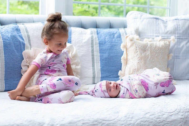 Anais Big Sister & Baby Sister Floral Pajama and Swaddle Blanket Set Baby be Mine Maternity / First Photo Shoot / Matching Girl Gift Set image 1