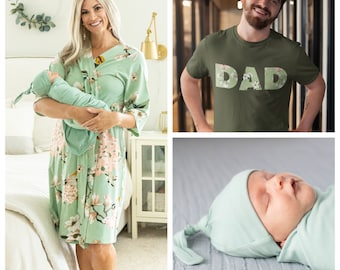 Family Matching Maternity Nursing Labor Delivery ROBE & Baby Boy or Girl SWADDLE Blanket Set + Dad T-shirt/Baby Shower Gift/Baby Be Mine/Gia