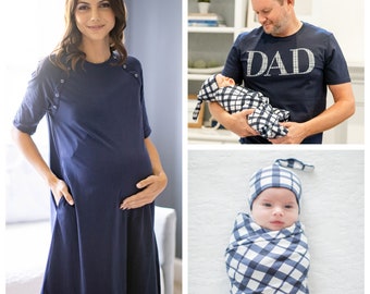 Family Matching  Maternity Labor Delivery Hospital Gown Gownie & Baby Boy Swaddle Blanket Set + Dad Daddy T-Shirt/Baby Be Mine/Blue Gingham