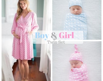 Boy & Girl Twin Set - Molly Maternity Delivery Nursing Robe and Baby Girl Swaddle Blanket Set and Baby Boy Swaddle Blanket Set -Baby Be Mine