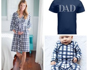 Maternity Nursing Delivery ROBE & Matching Newborn Baby Boy Kimono Set + Daddy T-shirt /Baby Shower Gift/Baby Be Mine/ Blue Gingham