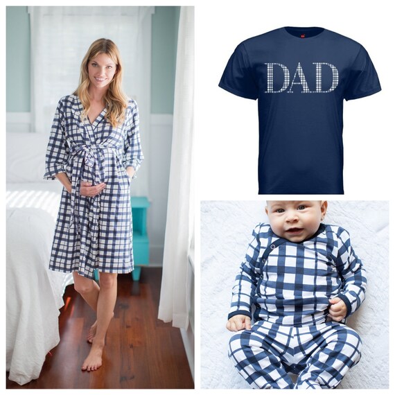 Maternity Nursing Delivery ROBE Matching Newborn Baby Boy Kimono Set Daddy T shirt baby Shower Gift baby Be Mine Blue Gingham Etsy