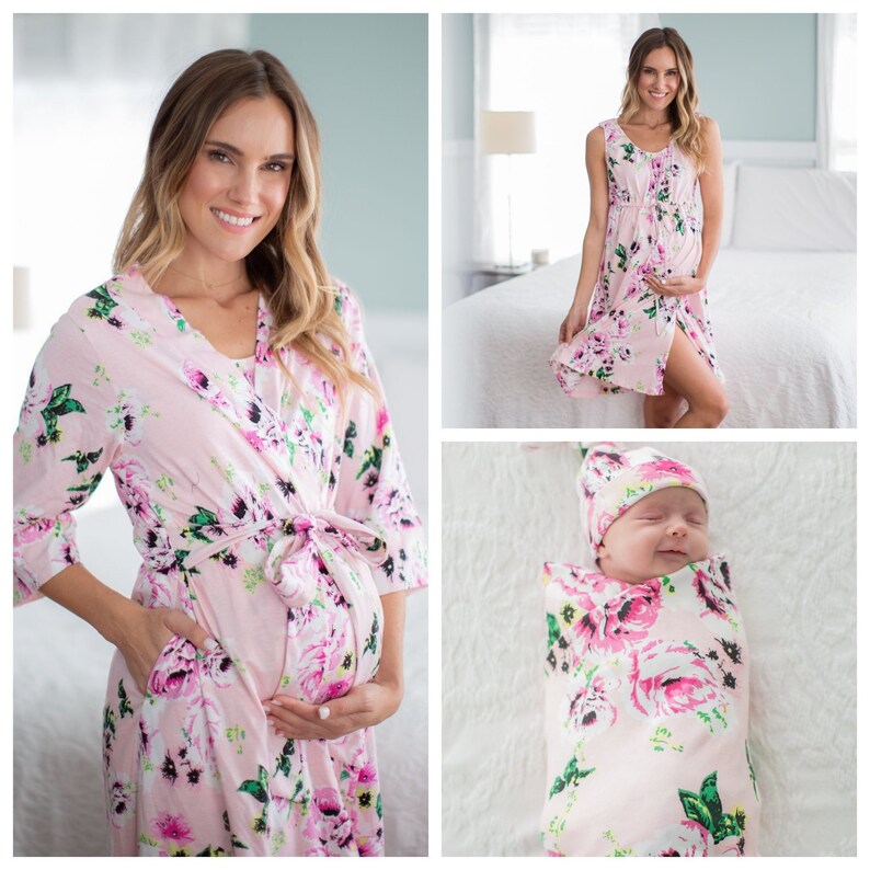 Amelia Floral 3 in 1 LABOR Delivery Gown+Matching Delivery ROBE and Matching Swaddle Blanket and Newborn Hat Set By Baby Be Mine 4 PC Set